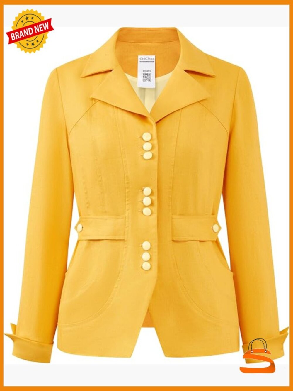Women's Linen Blazer Jacket Notch Collar Long Sleeve Button Closure